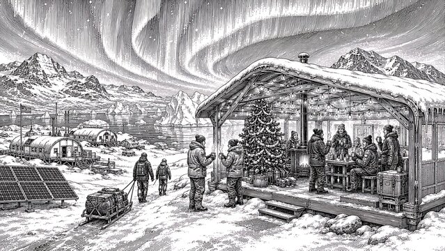 Festive Gathering Amidst the Snowy Landscape Under the Northern Lights with a Christmas Tree and Joyful People