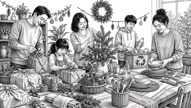 Family Preparing for Christmas Celebration with Gifts, Decorations, and Togetherness in Cozy Home Setting