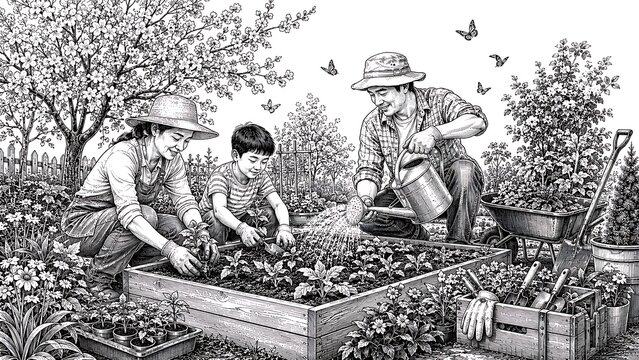 Family Gardening Together in a Spring Garden Scene with Flowers and Vegetables, Capturing Joy of Nature and Growth