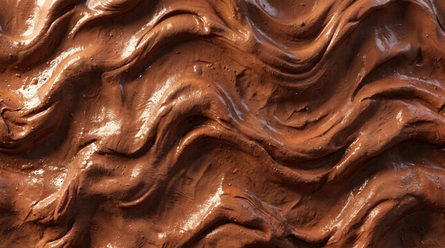 Close-up of wet brown clay texture with swirling ridges, deep grooves, and smooth glossy highlights creating a flowing organic pattern across the surface