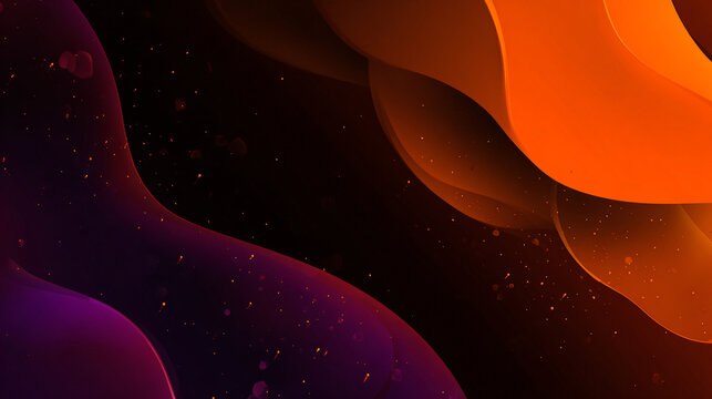 bold abstract composition of flowing burnt-orange and deep violet translucent shapes against a matte black background, dynamic diagonal movement, subtle glowing particles