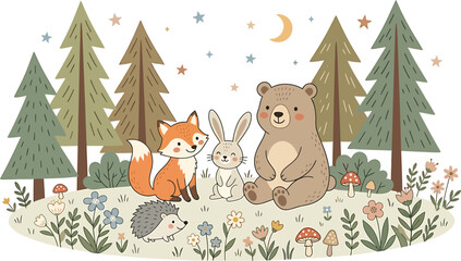 Naklejka premium Forest Animals Sitting Under Trees, Whimsical Illustration, Cute Woodland Creatures, Nature Scene, Children's Design.