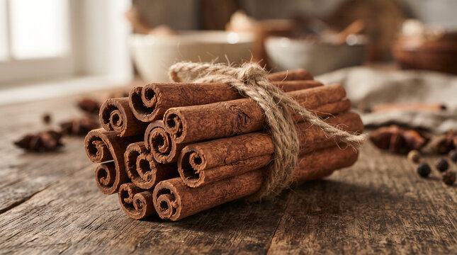 Bundle of cinnamon sticks tied with twine