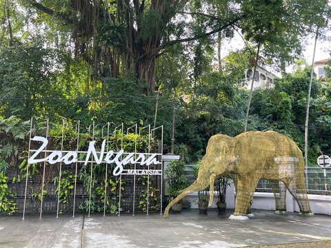 Selangor, Malaysia - August 16, 2025: Entrance sign of National Zoo Malaysia, featuring a decorative elephant sculpture beside lush greenery.