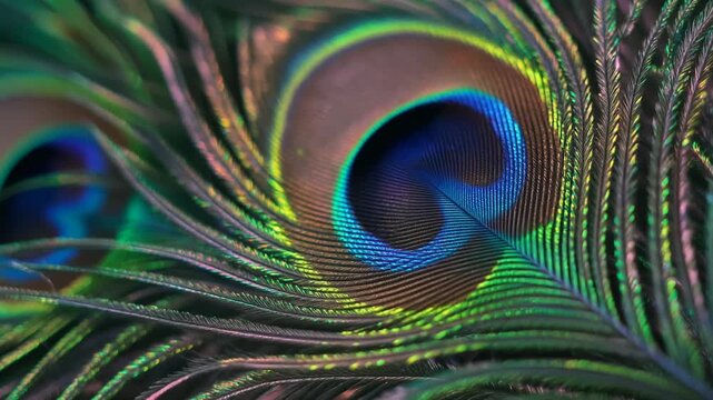 孔雀の羽根が虹色にきらめきながら回転する模様