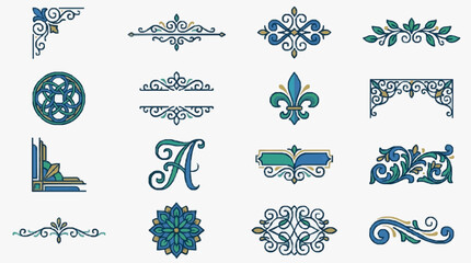 Elegant Vintage Ornamental Designs Collection Featuring Intricate Blue Teal and Gold Floral Celtic Knots Fleurs de lis and Decorative Borders © brizal