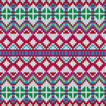 Colorful knitted seamless pattern, fair isle ornamental sweater vector texture, ethnic geometric ornament for winter fabric design