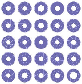 Camera lens aperture iris collection represented as a series of repeating geometric circular shape icons