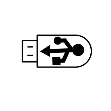 Simple black outline vector icon of a usb flash drive with connection symbol as isolated element
