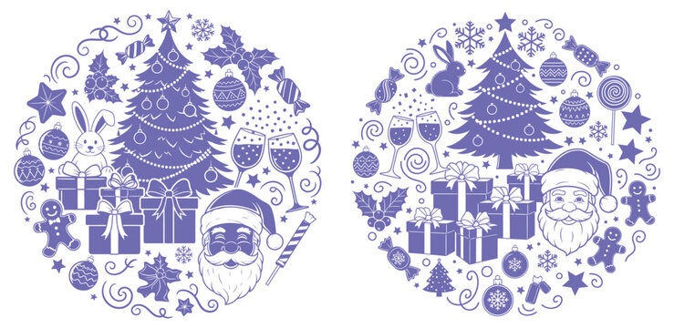 Christmas themed circular compositions featuring festive winter icons for holiday stationery and social media graphics