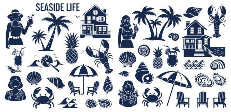 Coastal lifestyle collection with palm trees lobster seashell and beach furniture in flat graphic style