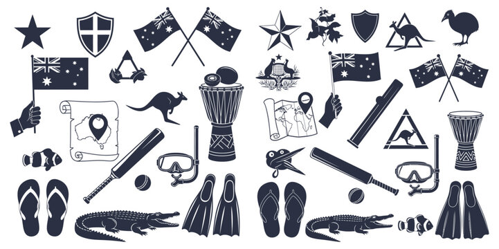 Collection of Australian travel icons and nature elements including kangaroo flag and marine sport gear