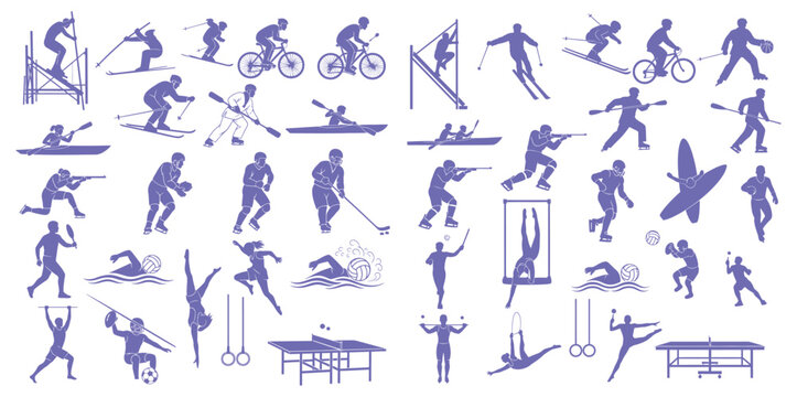Collection of athlete silhouettes representing various summer and winter sports for activity and fitness project branding