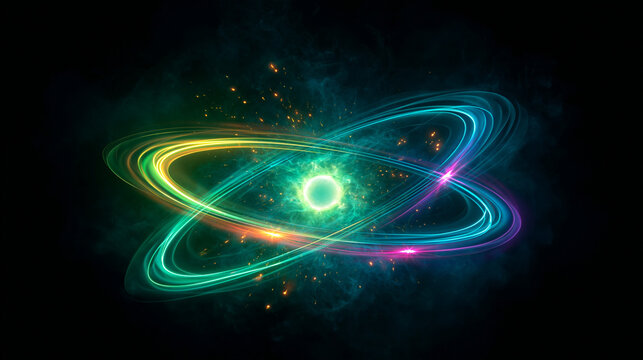 Vibrant glowing atom model illustration with bright green, blue, and yellow orbits and spark effects on a dark background.
