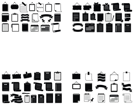 Collection of black silhouette office icons featuring notebooks clipboards and banners for organizational design layouts