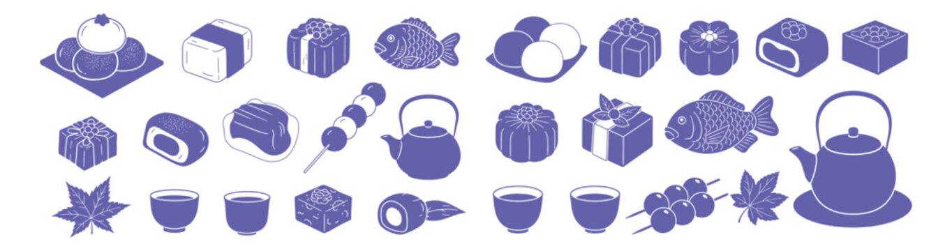 Collection of blue linear icons depicting traditional food items and tea sets for culinary design