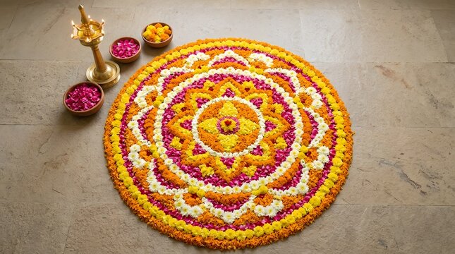 Beautiful circular floral rangoli pattern made with marigold and rose petals with a brass oil lamp on stone floor