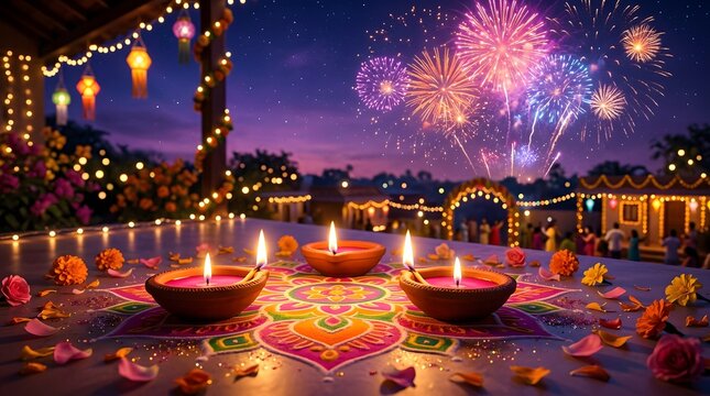Diwali celebration with traditional clay diyas on colorful rangoli pattern and festive fireworks in the night sky