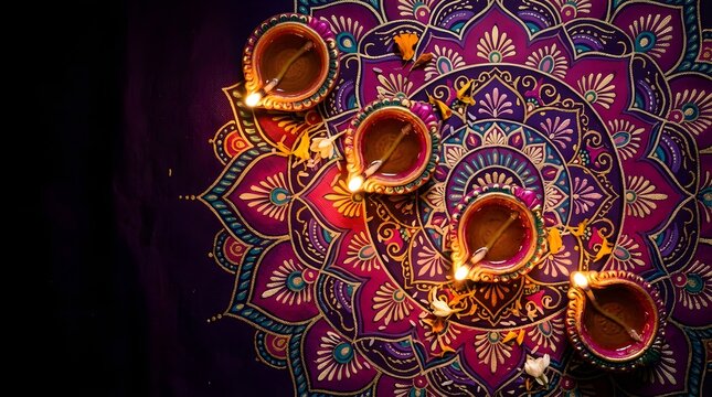 Top view of traditional clay diyas arranged on a vibrant purple and gold floral rangoli pattern