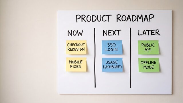 Product Roadmap Whiteboard. Now Next And Later Column Sticky Note Board With Feature Release Note. Agile Product Management Planning Concept
