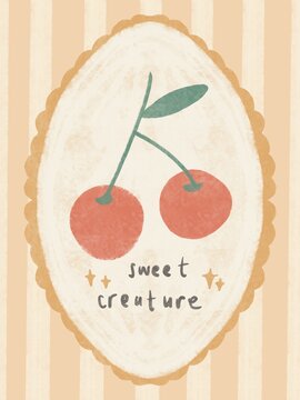 Cute Hand-Drawn Cherry Nursery Wall Art Print with "Sweet Creature" Quote and Frame