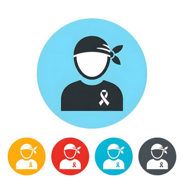 Cancer awareness ribbon icon set featuring a person wearing a bandana in flat design style