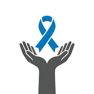 Hands holding a blue awareness ribbon representing health support and medical advocacy.