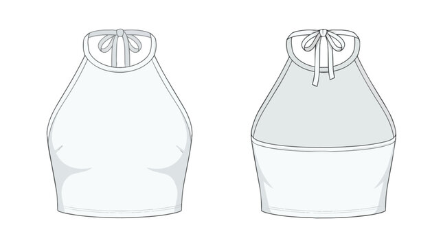 Fashion Technical Flat Sketch of a Women Sleeveless Halter Neck Crop Top Front and Back View Template Design