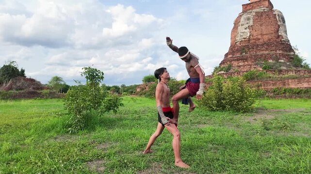 Muay Thai Fighters Practicing Traditional Martial Arts at Ayutthaya Historical Site