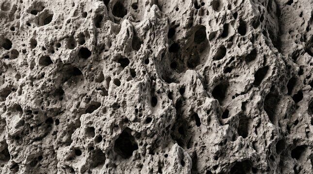 Close-up view of a porous volcanic pumice stone, featuring a rough, uneven grey rock surface with deep cavities, pits, and jagged geological textures