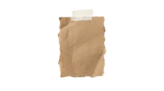 Old torn piece of brown paper taped to a wall isolated on transparent background