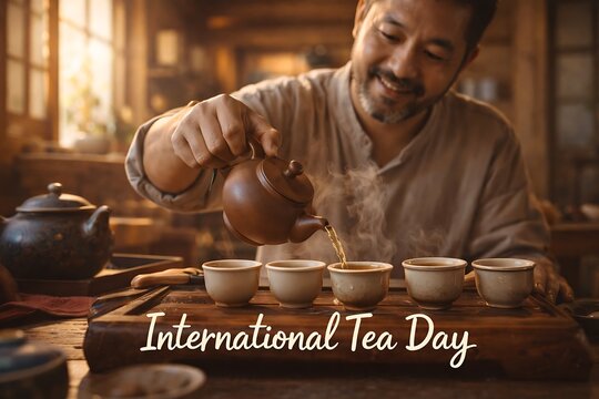 Asian man pouring tea into small cups during a traditional tea ceremony