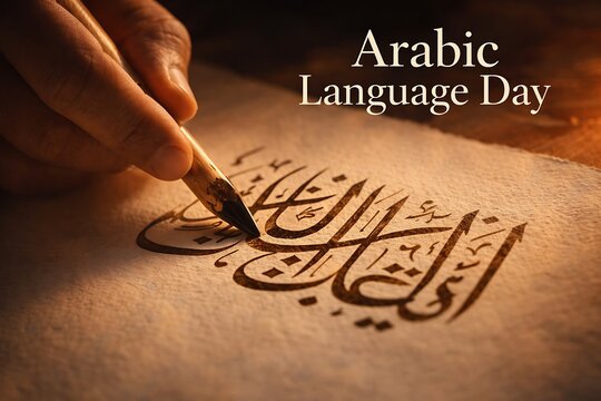 Closeup of a hand writing beautiful arabic calligraphy on textured paper