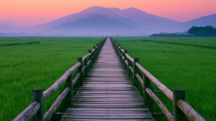 Obraz premium Wooden walkway perspective leading toward mountains in lush green grass field during pink twilight.