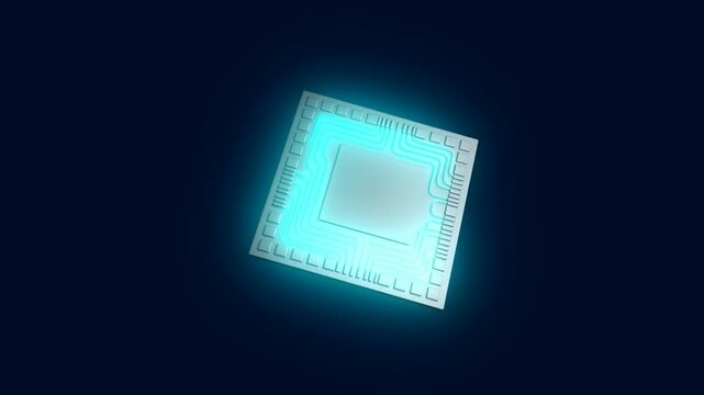 Glowing futuristic computer microchip processor with neon blue illumination on dark background representing artificial intelligence and quantum computing technology