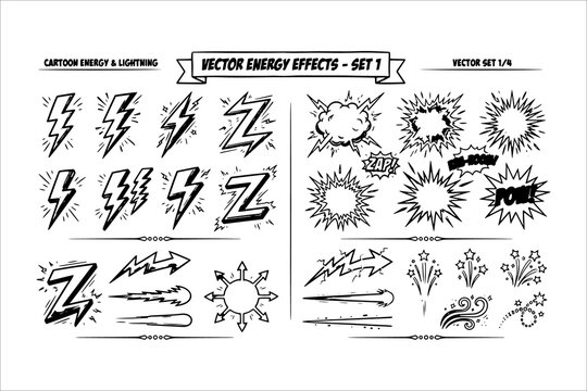 Black and white energy effects vector illustration set for comics and graphics