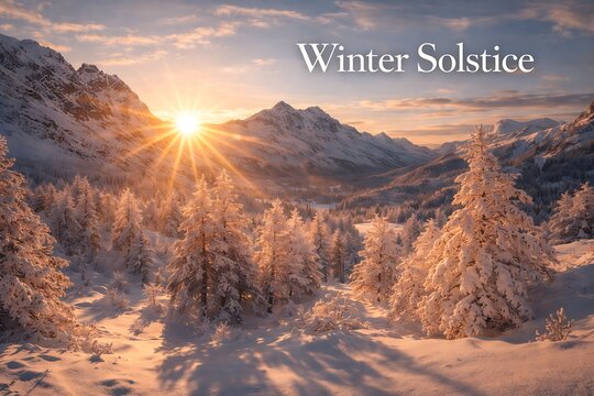 Winter solstice sunrise over snowcovered mountains and pine forest