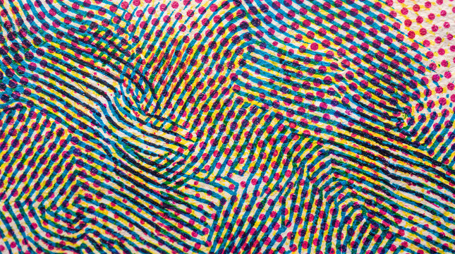 Fingerprint with colorful moire halftone dots creating abstract textured background with vibrant detail and depth