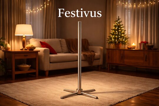 Festivus pole standing in a cozy living room during the holidays