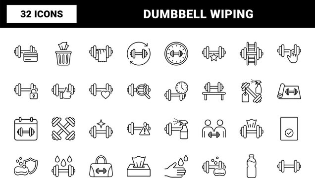 Dumbbell Equipment Wipe Down Web Icon Set in Linear Style. Collection of gym hygiene line icons, including sanitizing, equipment cleaning, gym maintenance, surface wiping, fitness safety, gym rules.