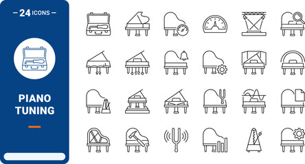 Naklejka premium Piano Concert Tuning Web Icon Set in Linear Style. Collection of Piano Service line icons, including acoustic calibration, pitch adjustment, stage preparation, soundboard service.