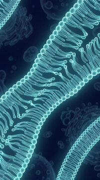 Microscopic lipid membrane network with bilayer structure and molecular detail in blue glowing color