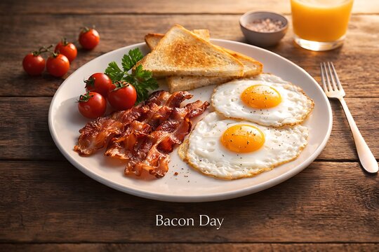 Delicious breakfast plate with fried eggs, crispy bacon, toast and tomatoes