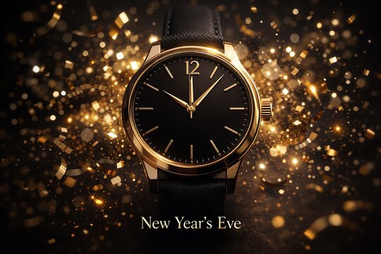 Elegant gold watch at midnight on new years eve with golden confetti