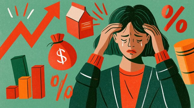Woman stressed with financial growth charts and money symbols during economic uncertainty