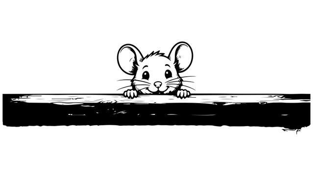 Cute cartoon mouse peeking over a black wooden shelf or banner border illustration.