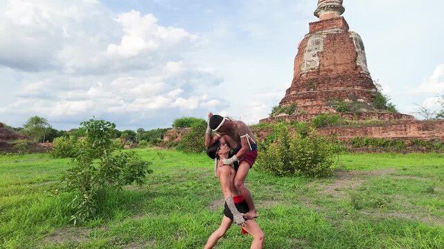 Muay Thai Fighters Training at Ayutthaya Historical Site in Thailand