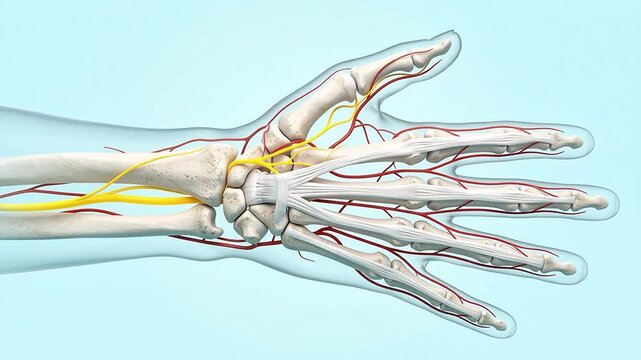 3D Human Hand and Wrist Skeleton with Nerves and Blood Vessels Anatomy