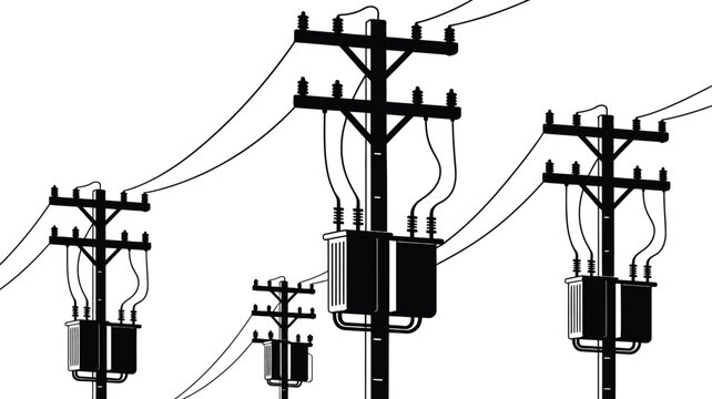 Black silhouette of multiple wooden utility poles with electrical transformers and power lines connected on a plain white background, for infrastructure concepts