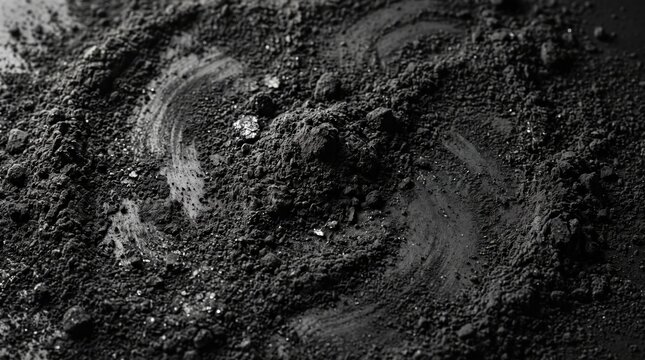Crushed black charcoal powder texture with swirling brush marks, granular dark carbon dust particles, and uneven surface depth in a monochromatic close-up view